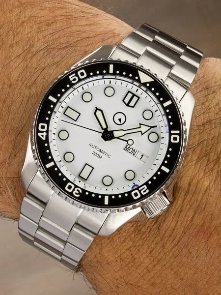 image Islander White Dial Automatic Dive Watch with Solid-Link Bracelet, AR Sapphire Crystal, and Luminous Ceramic Bezel Insert #ISL-35