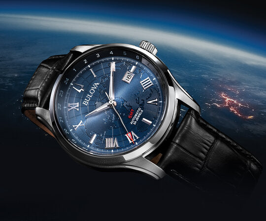 Bulova Wilton GMT floating over earth