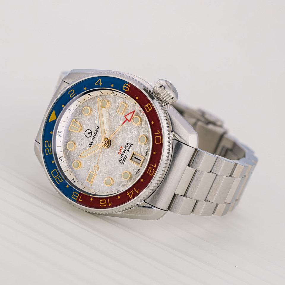 Islander JFK Automatic GMT Watch with White Cloud Dial and Pepsi Bezel