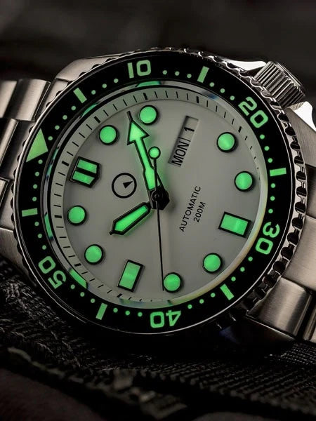 Islander White Dial Automatic Dive Watch with Solid-Link Bracelet, AR Sapphire Crystal, and Luminous Ceramic Bezel Insert #ISL-35